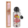 Easter Set, metallic Silver aluminum water bottle (500ml) & scented flat Easter candle (30cm) (PINK)