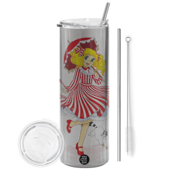 Candy, Eco friendly ποτήρι θερμό Ασημένιο (tumbler) από ανοξείδωτο ατσάλι 600ml, με μεταλλικό καλαμάκι & βούρτσα καθαρισμού