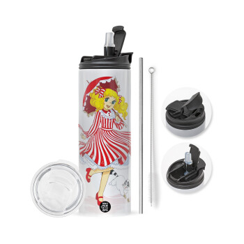 Candy, Travel Tumbler θερμό με διπλό καπάκι, μεταλλικό καλαμάκι και βούρτσα καθαρισμού (Ανωξείδωτο 304 Food grade, BPA free, 600ml)