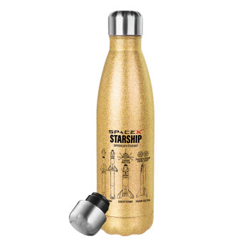 Space X, Glitter gold stainless steel thermos bottle, double-walled, 500ml