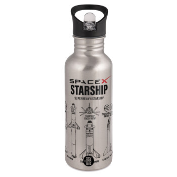 Space X, Water bottle Silver with straw, stainless steel 600ml