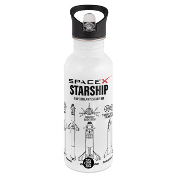 Space X, White water bottle with straw, stainless steel 600ml