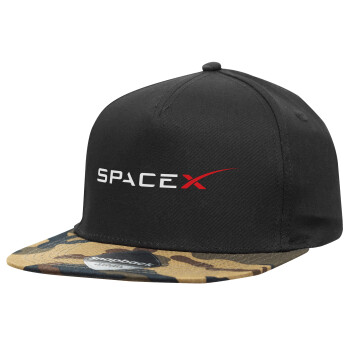 Space X, Adult Flat Snapback Hat Black/Camouflage, (100% COTTON TWILL, ADULT, UNISEX, ONE SIZE)