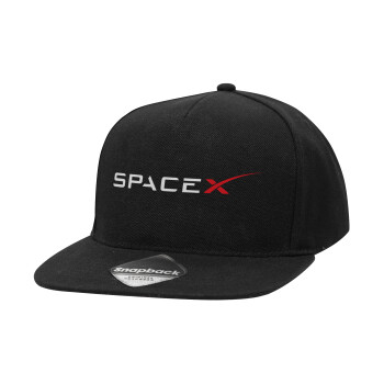 Space X, Adult Flat Snapback Hat Black, (100% COTTON TWILL, ADULT, UNISEX, ONE SIZE)