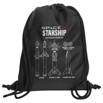 Space X, Τσάντα πλάτης πουγκί GYMBAG Μαύρη, με τσέπη (40x48cm) & χονδρά κορδόνια