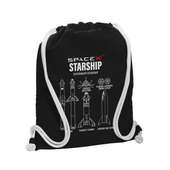 Space X, Backpack pouch GYMBAG Black, with pocket (40x48cm) & thick white cords