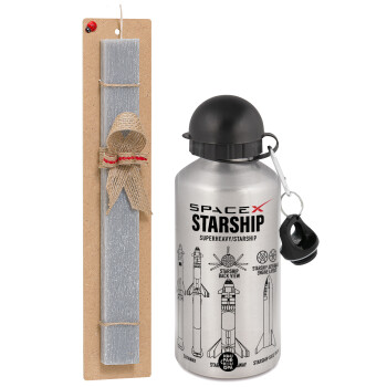 Space X, Easter Set, metallic silver aluminum water bottle (500ml) & aromatic flat Easter candle (30cm) (GRAY)