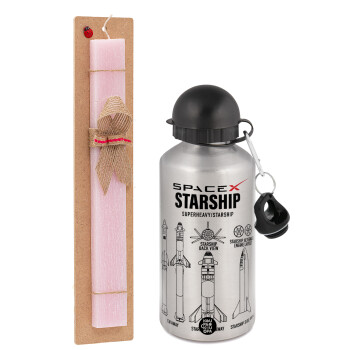 Space X, Easter Set, metallic Silver aluminum water bottle (500ml) & scented flat Easter candle (30cm) (PINK)