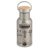 Stainless steel metallic thermos flask, silver with a bamboo lid, double-walled, 350ml.