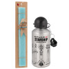 Easter Set, metallic silver aluminum water bottle (500ml) & scented flat Easter candle (30cm) (TURQUOISE)