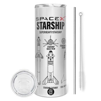 Space X, Eco friendly ποτήρι θερμό (tumbler) από ανοξείδωτο ατσάλι 600ml, με μεταλλικό καλαμάκι & βούρτσα καθαρισμού