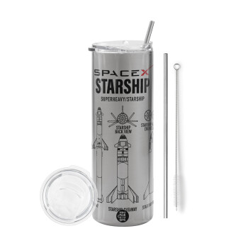 Space X, Tumbler stainless steel Silver 600ml, with metal straw & cleaning brush