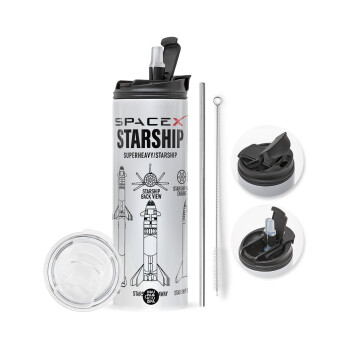 Space X, Travel Tumbler 2 Lids, with metal straw & cleaning brush (Stainless steel 304 Food grade, BPA free, 600ml)