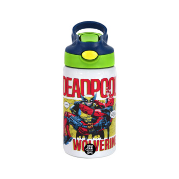 Superhero Deadpool Wolverine, Children's hot water bottle, stainless steel, with safety straw, green, blue (350ml)