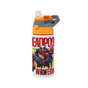 Superhero Deadpool Wolverine, Children's hot water bottle, stainless steel, with safety straw, Orange/Grey (360ml) BPA-FREE