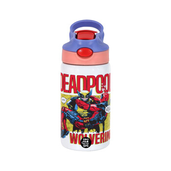 Superhero Deadpool Wolverine, Children's hot water bottle, stainless steel, with safety straw, pink/purple (350ml)