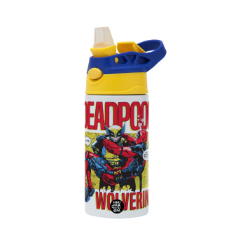 Superhero Deadpool Wolverine, Children's hot water bottle, stainless steel, with safety straw, green, blue (360ml) BPA FREE