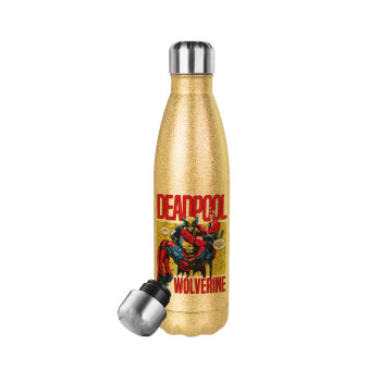 Superhero Deadpool Wolverine, Glitter gold stainless steel thermos bottle, double-walled, 500ml