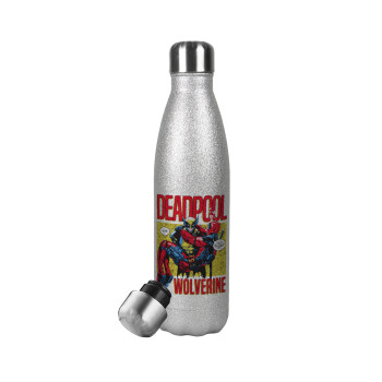 Superhero Deadpool Wolverine, Μεταλλικό παγούρι θερμός Glitter Aσημένιο (Stainless steel), διπλού τοιχώματος, 500ml