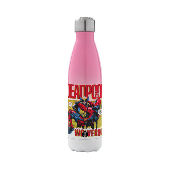 Superhero Deadpool Wolverine, Metal mug thermos Pink/White (Stainless steel), double wall, 500ml