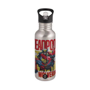 Superhero Deadpool Wolverine, Water bottle Silver with straw, stainless steel 600ml