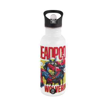 Superhero Deadpool Wolverine, White water bottle with straw, stainless steel 600ml