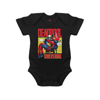 Superhero Deadpool Wolverine, Βρεφικό φορμάκι μωρού, 0-18 μηνών, ΜΑΥΡΟ, 100% Organic Cotton, κοντομάνικο