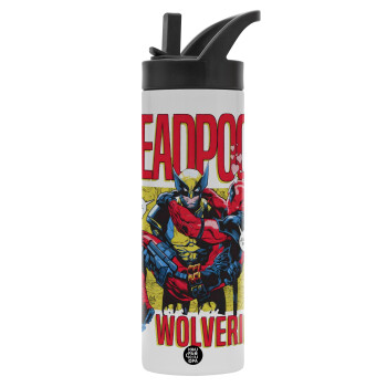 Superhero Deadpool Wolverine, Metallic thermos bottle with straw & handle, stainless steel (Stainless steel 304), double-walled, 600ml.