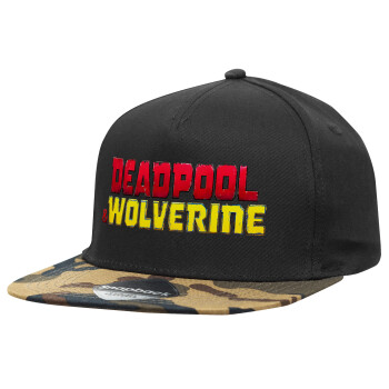 Superhero Deadpool Wolverine, Adult Flat Snapback Hat Black/Camouflage, (100% COTTON TWILL, ADULT, UNISEX, ONE SIZE)