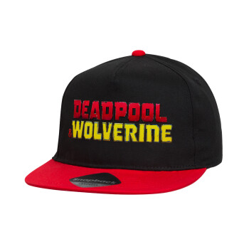 Superhero Deadpool Wolverine, Καπέλο παιδικό Flat Snapback, Μαύρο/Κόκκινο (100% ΒΑΜΒΑΚΕΡΟ, ΠΑΙΔΙΚΟ, UNISEX, ONE SIZE)