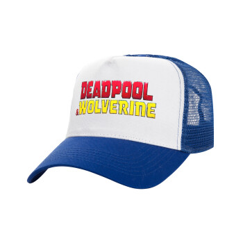 Superhero Deadpool Wolverine, Adult Structured Trucker Hat, with Mesh, WHITE/BLUE (100% COTTON, ADULT, UNISEX, ONE SIZE)