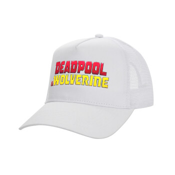 Superhero Deadpool Wolverine, Structured Trucker Adult Hat, with Mesh, WHITE (100% COTTON, ADULT, UNISEX, ONE SIZE)