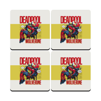 Superhero Deadpool Wolverine, ΣΕΤ 4 Σουβέρ ξύλινα τετράγωνα (9cm)