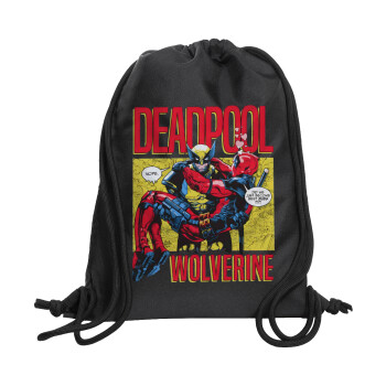 Superhero Deadpool Wolverine, Τσάντα πλάτης πουγκί GYMBAG Μαύρη, με τσέπη (40x48cm) & χονδρά κορδόνια