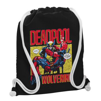 Superhero Deadpool Wolverine, Backpack pouch GYMBAG Black, with pocket (40x48cm) & thick white cords