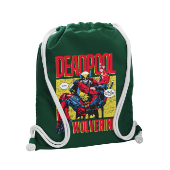 Superhero Deadpool Wolverine, Τσάντα πλάτης πουγκί GYMBAG BOTTLE GREEN, με τσέπη (40x48cm) & χονδρά λευκά κορδόνια