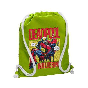 Superhero Deadpool Wolverine, Backpack bag GYMBAG LIME GREEN, with pocket (40x48cm) & thick cords