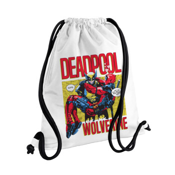 Superhero Deadpool Wolverine, Τσάντα πλάτης πουγκί GYMBAG λευκή, με τσέπη (40x48cm) & χονδρά κορδόνια