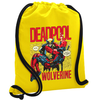 Superhero Deadpool Wolverine, Τσάντα πλάτης πουγκί GYMBAG Κίτρινη, με τσέπη (40x48cm) & χονδρά κορδόνια