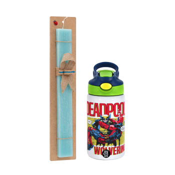 Superhero Deadpool Wolverine, Easter Set, Children's thermal stainless steel bottle with safety straw, green/blue (350ml) & aromatic flat Easter candle (30cm) (TURQUOISE)