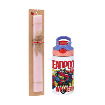 Superhero Deadpool Wolverine, Easter Set, Children's thermal stainless steel water bottle with safety straw, pink/purple (350ml) & Easter scented flat candle (30cm) (PINK)