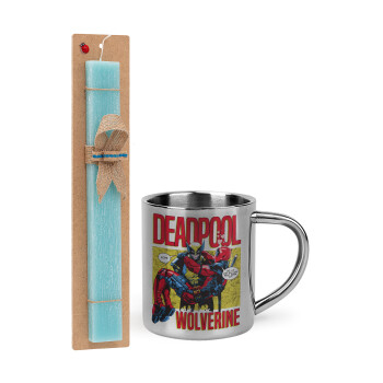 Superhero Deadpool Wolverine, Easter Set, metallic thermal cup (300ml) & aromatic flat Easter candle (30cm) (TURQUOISE)