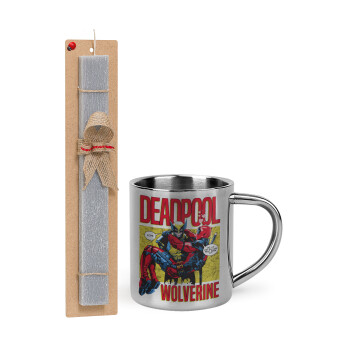 Superhero Deadpool Wolverine, Easter Set, metallic thermal cup (300ml) & Easter aromatic flat candle (30cm) (GRAY)