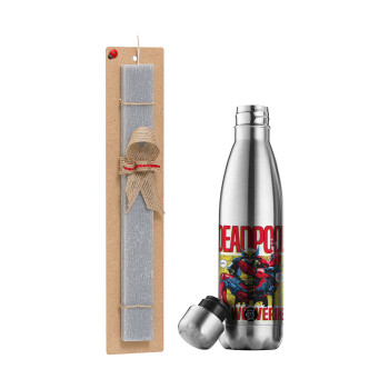 Superhero Deadpool Wolverine, Easter Set, metallic stainless thermos flask (500ml) & scented flat Easter candle (30cm) (GRAY)