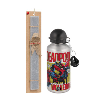 Superhero Deadpool Wolverine, Easter Set, metallic silver aluminum water bottle (500ml) & aromatic flat Easter candle (30cm) (GRAY)