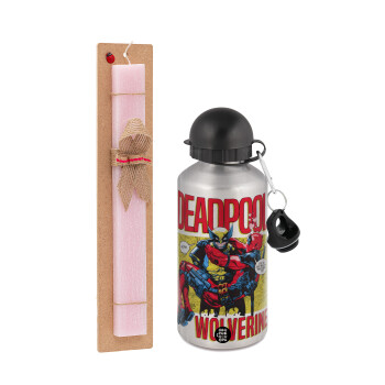 Superhero Deadpool Wolverine, Easter Set, metallic Silver aluminum water bottle (500ml) & scented flat Easter candle (30cm) (PINK)