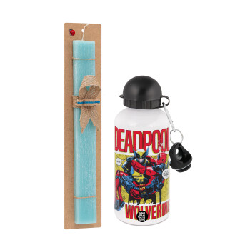 Superhero Deadpool Wolverine, Easter Set, metallic aluminum water bottle (500ml) & scented flat candle (30cm) (TURQUOISE)