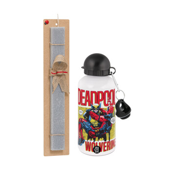 Superhero Deadpool Wolverine, Easter Set, metallic aluminum water bottle (500ml) & aromatic flat Easter candle (30cm) (GRAY)