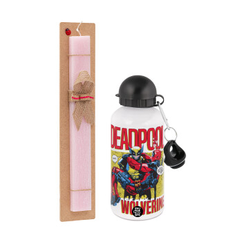 Superhero Deadpool Wolverine, Easter Set, metallic aluminum bottle (500ml) & aromatic flat Easter candle (30cm) (PINK)