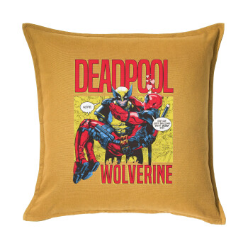 Superhero Deadpool Wolverine, Sofa cushion YELLOW 50x50cm includes filling